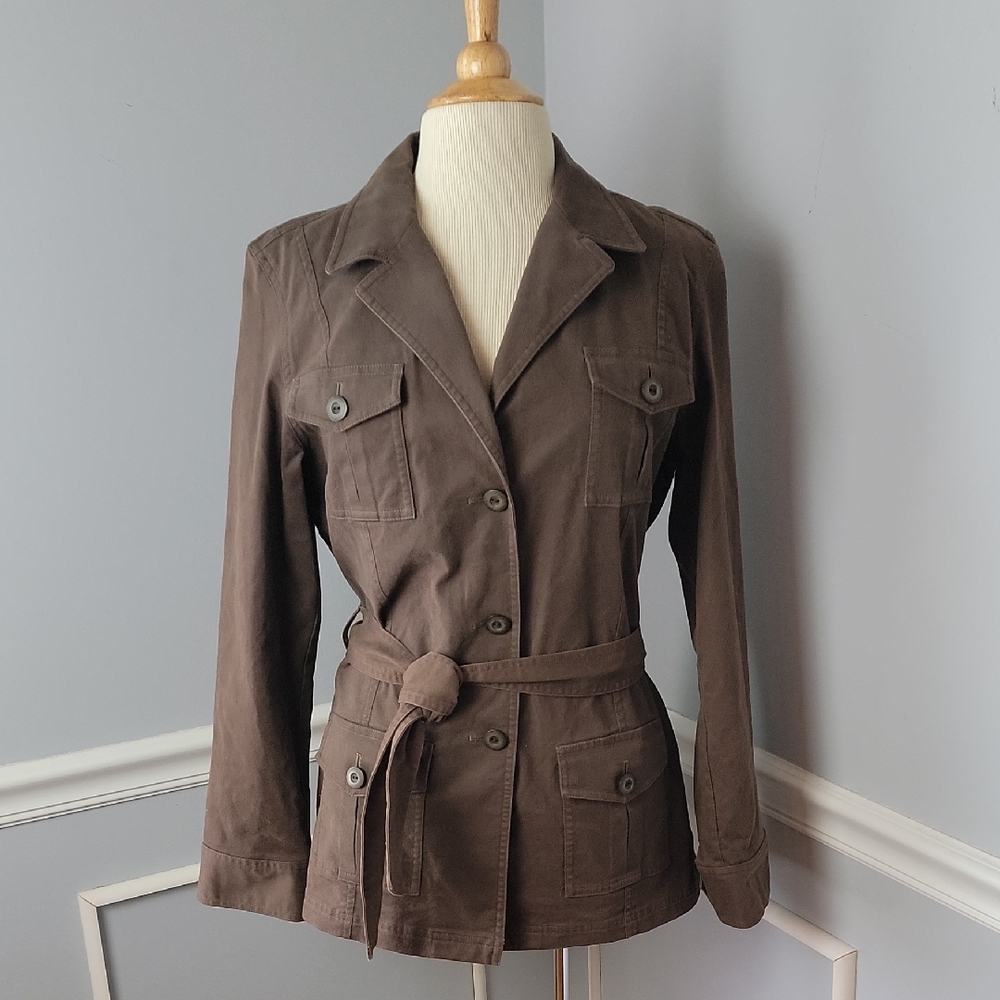 TALBOTS Brown Brushed Cotton Belted‎ Field Military Stretch Button Casual Jacket